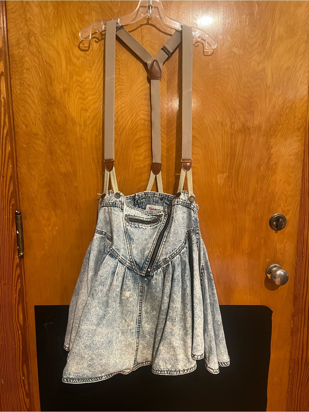 Acid-Wash Denim Mini Skirt with Adjustable Suspenders - Light Blue